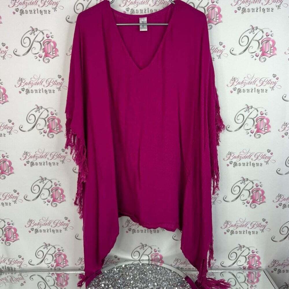 Accessory Street coverup dress tassle sides beach rayon Pink Poncho with Fringe